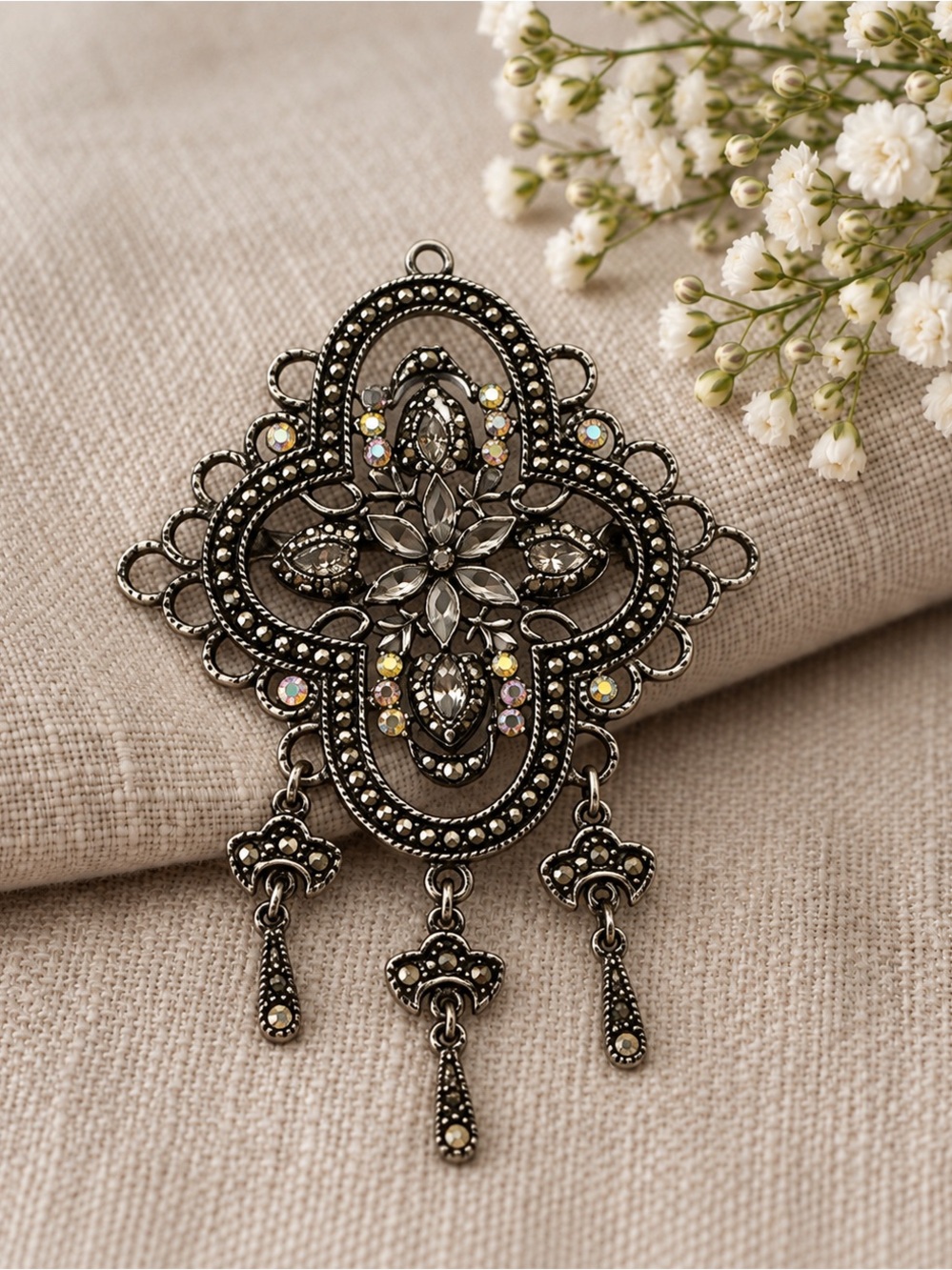 Vintage Marcasite Chandelier Brooch Silver Tone Statement Pin